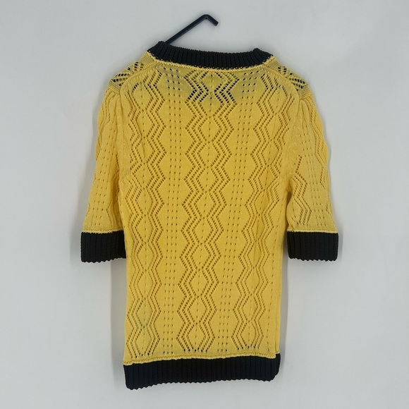 Ganni Contrast Chevron Pointelle Knit Embroidered Logo Tee Yellow Top - Picture 9 of 9